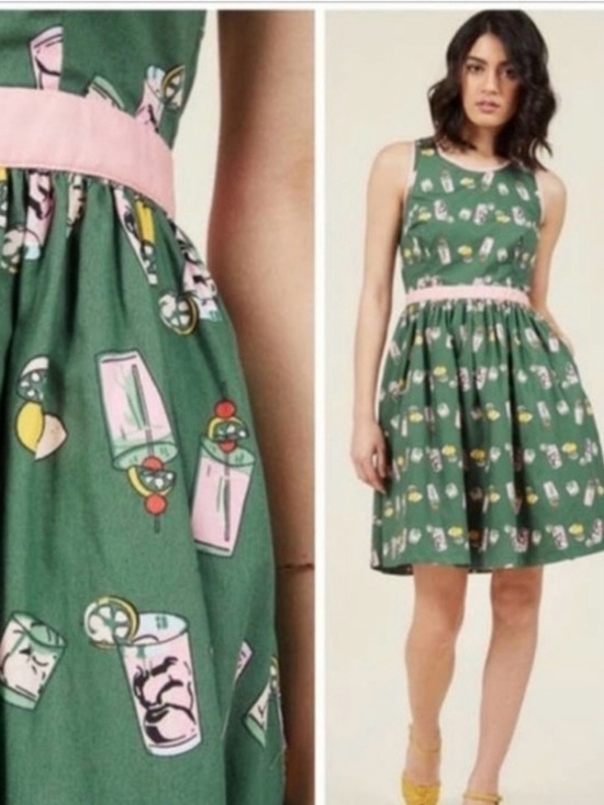 Dresses & Skirts - ModCloth Green Novelty Cocktail Drink Print Fit & Flare Dress NWOT Size M